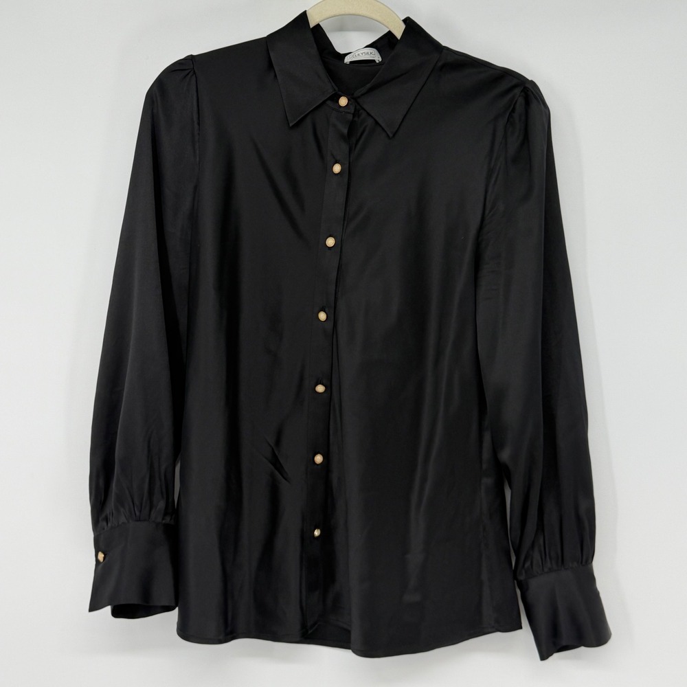 Lilysilk Black Silk Spandex Gold Button Down Blouse Shirt Small Womens US 4-6